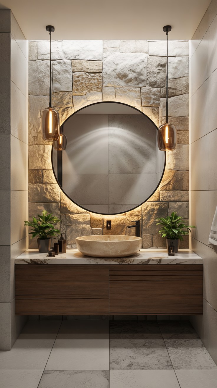 Luxury Spa Bathroom Ideas with Stone Accent Wall and Modern Lighting