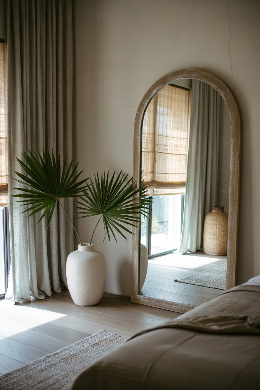 Modern Mediterranean Bedroom Decor Ideas with Arched Mirror